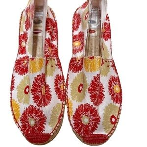 Rock Flower Paper Floral Flat Espadrilles Canvas Jute Beige, Red, & Yellow 7.5